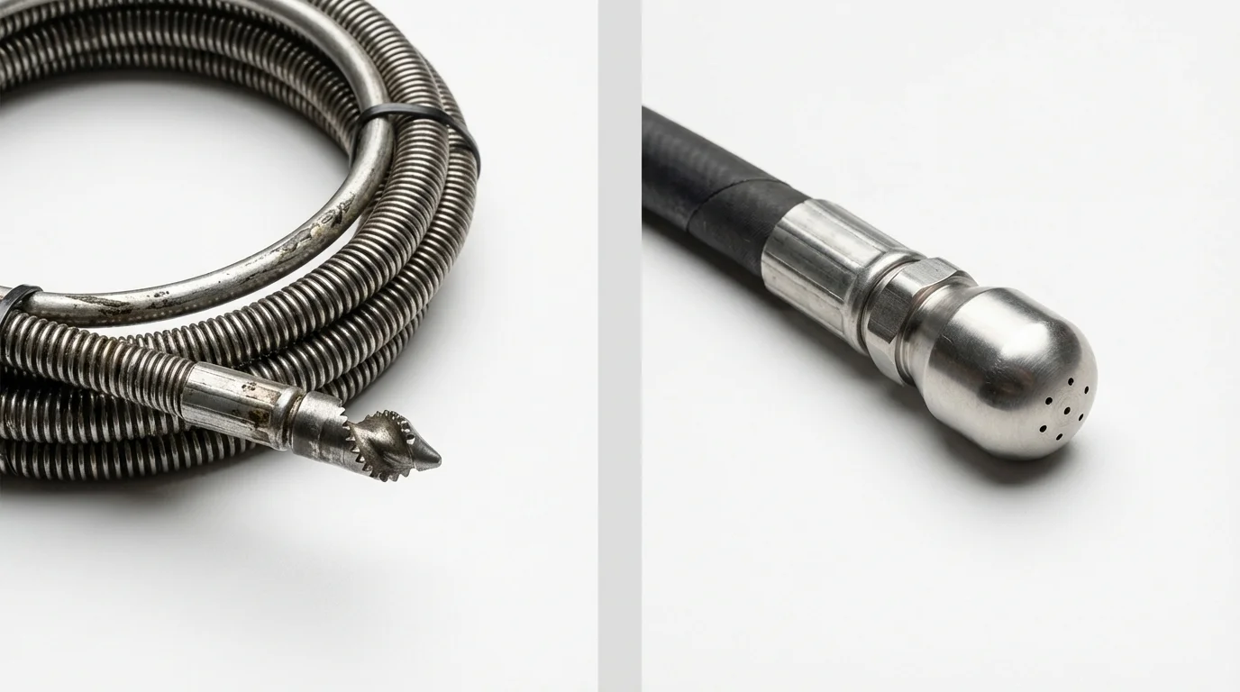 Drain snake cable and hydro jetting nozzle used for drain cleaning in Medford, MN