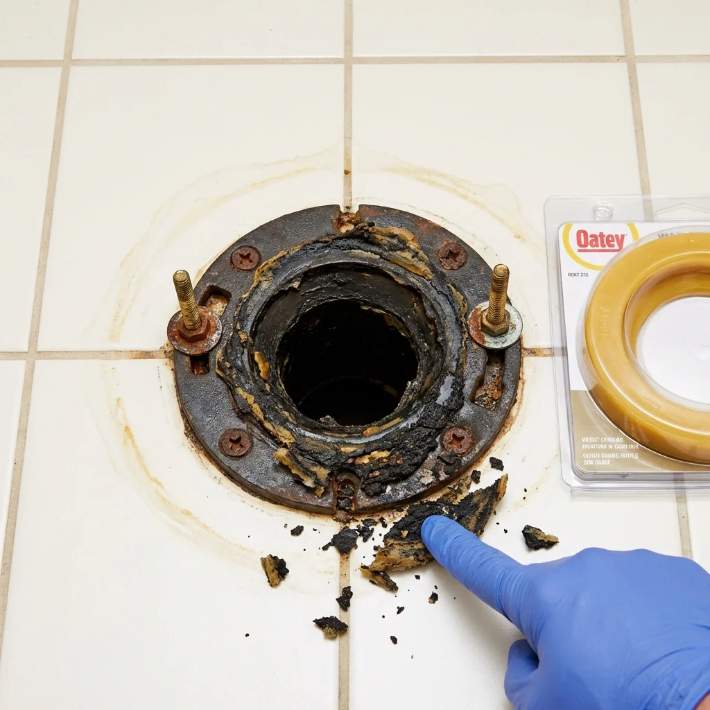 Failed wax ring showing water seepage at the base of a toilet in a Medford, MN home
