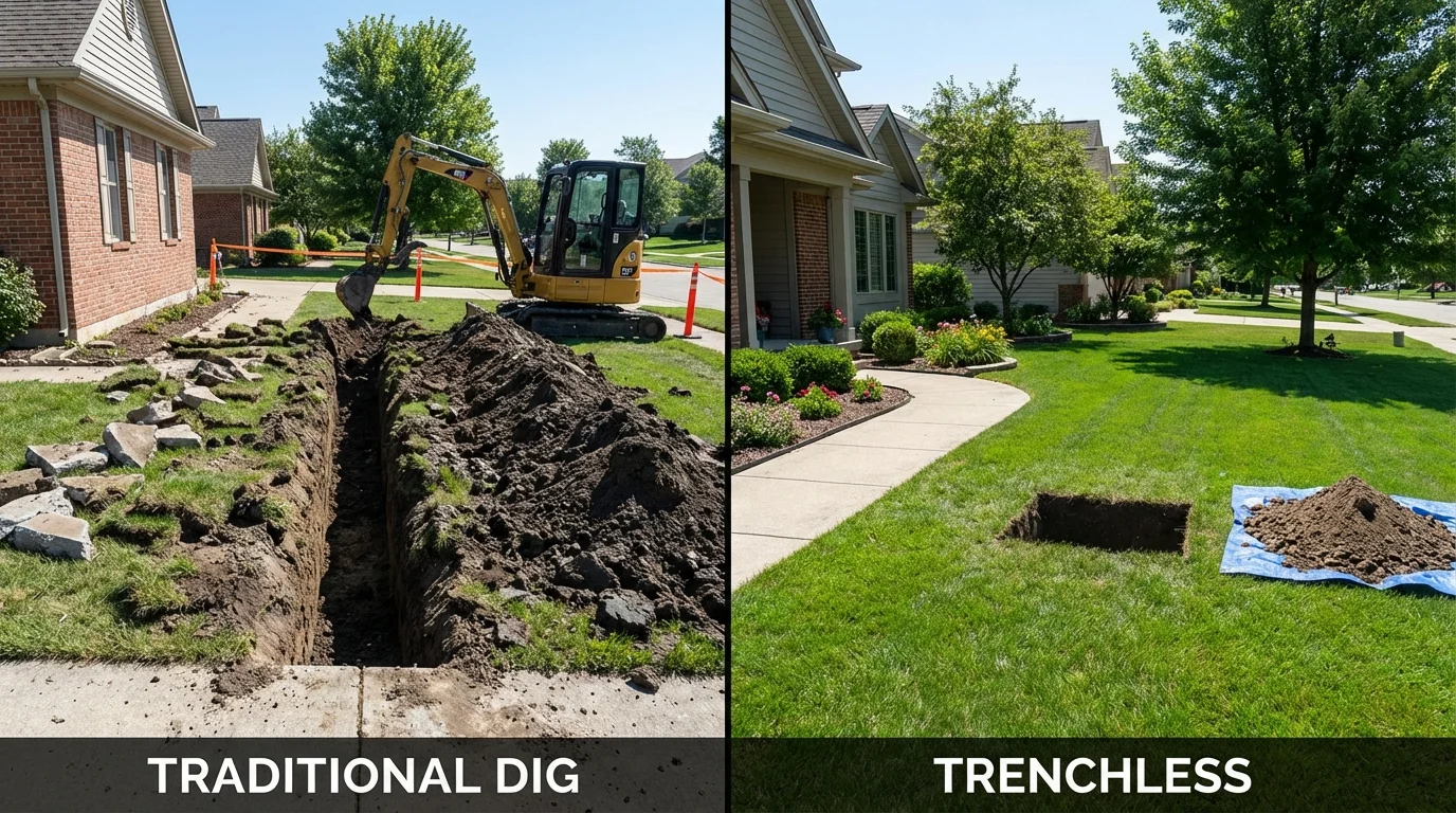Trenchless sewer repair with minimal yard damage versus traditional excavation in Medford, MN