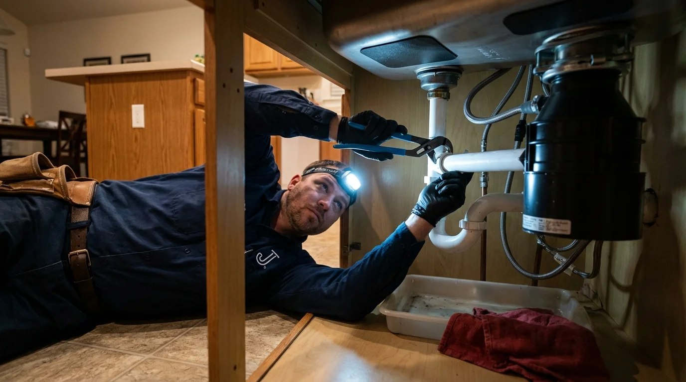 P-trap and supply line connections under a kitchen sink showing a common leak point in Medford, MN